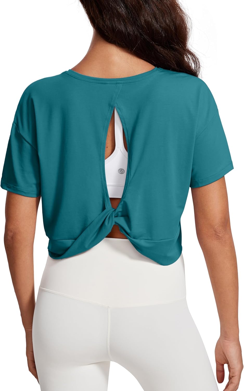 CRZ YOGA Open Back Short Sleeve Crop Top for Women Loose Athletic Yoga Workout Shirts Casual Cropped T-Shirts