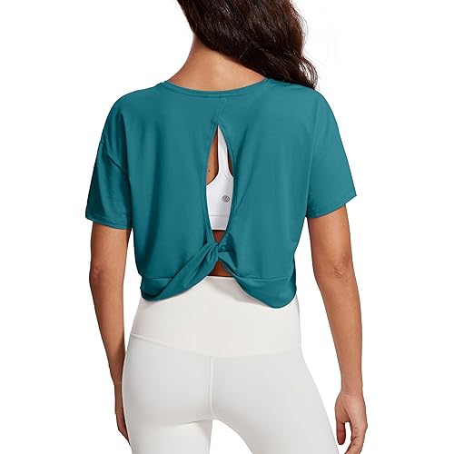 CRZ YOGA Open Back Short Sleeve Crop Top for Women Loose Athletic Yoga Workout Shirts Casual Cropped T-Shirts