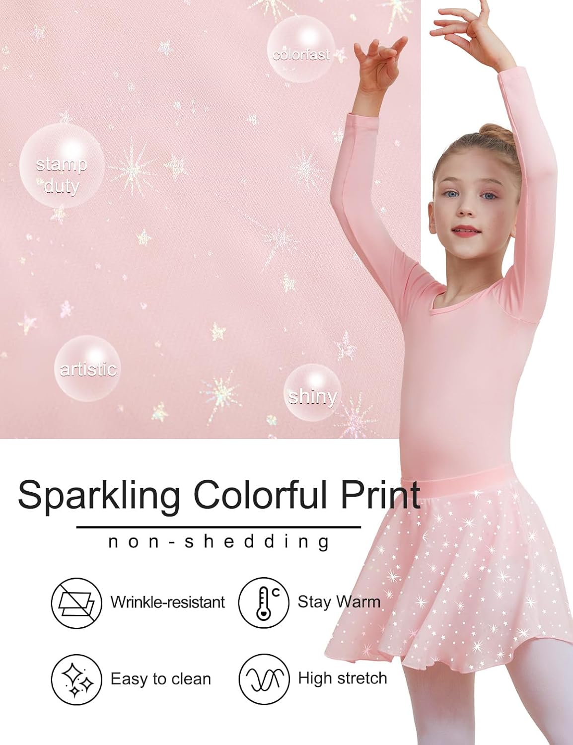 DIPUG Long Sleeve Ballet Leotards for Girls Dance Dress Removable Skirt with Shiny Star - Image 4