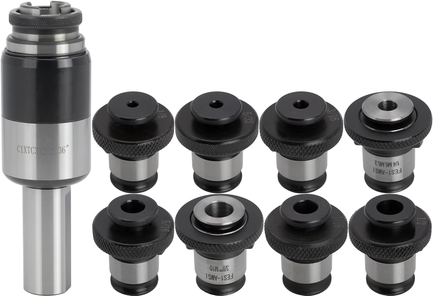 Floating Tap Holder Set, 1 Diameter Straight Shank, Quick Change, Positive Drive, with 8 pcs Adapters for #5 to 1/2 Taps