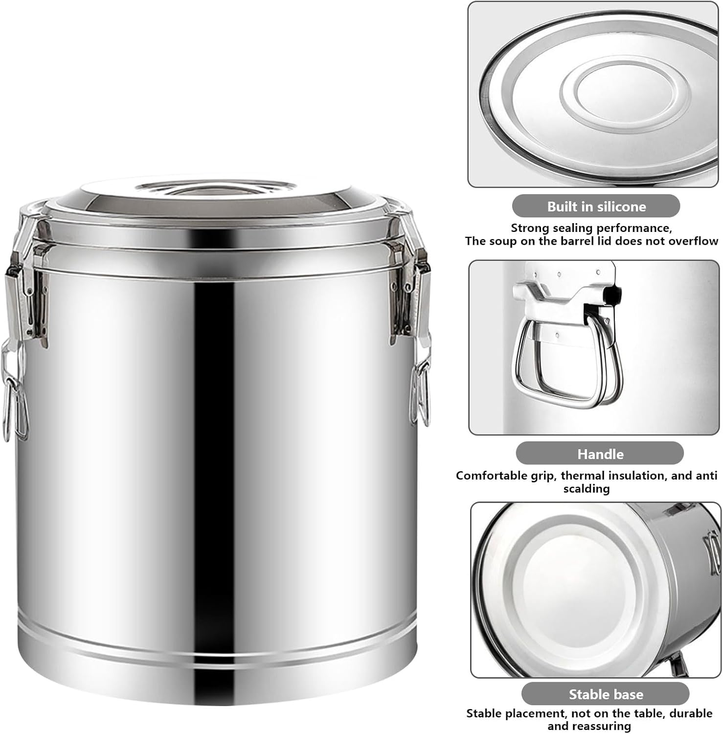 AIZYR Stainless Steel Insulated Barrel Food Warmer Ice Cooler Barrel, Large Insulated Bucket for Restaurant Canteen Home Party and Picnic,41L