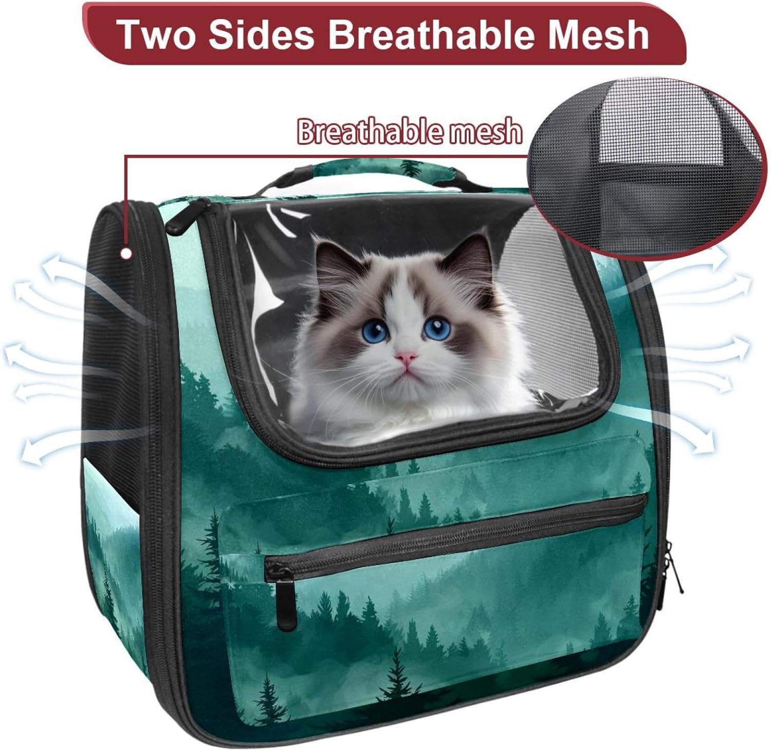 Portable Travel pet Backpack Carrier Hamster Bag Small Dog cat Carrier Breathable Hang Bag, Misty Pine Forest on The Mountain Slope in a Nature Reserve