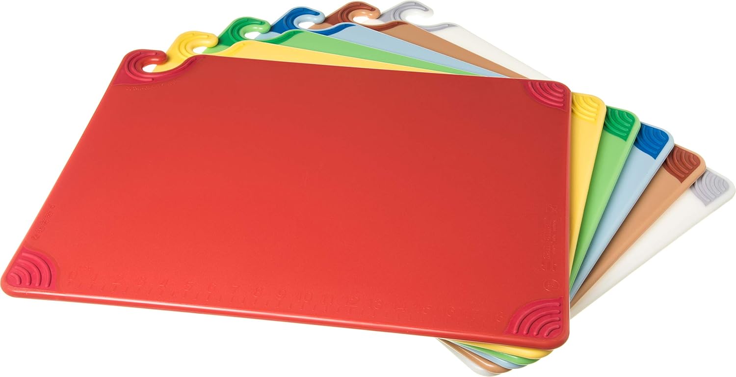 San Jamar Saf-T-Grip Plastic Cutting Board With Safety Hook, 18″ x 24″ x 0.5″, Assorted Colors, (Set of 6)
