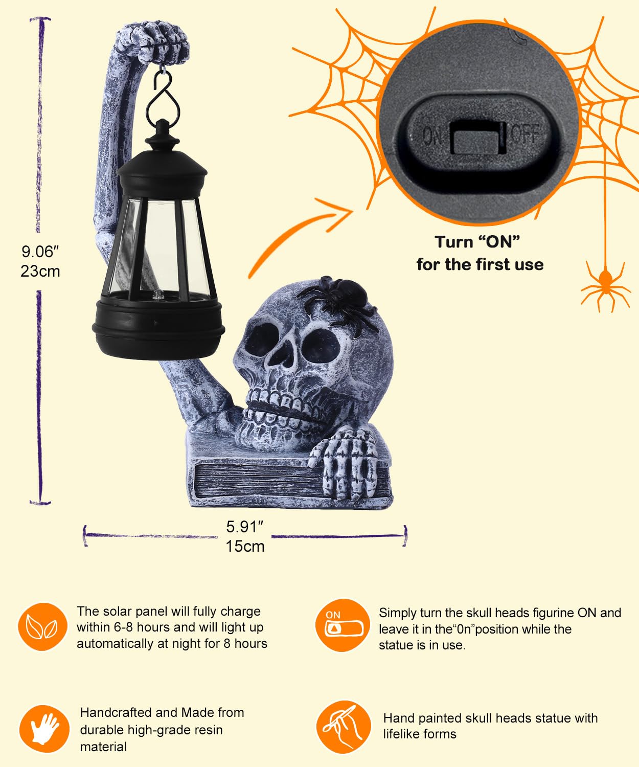 Yeomoo Totenkopf Mit Solarlampen - Halloween Deko für Outdoor Innen, Schädel Solar Figuren, Horror Geschenke für Frauen Männer, Skull Deko für Garten, Balkon, Tisch, Wohnzimmer - Grau