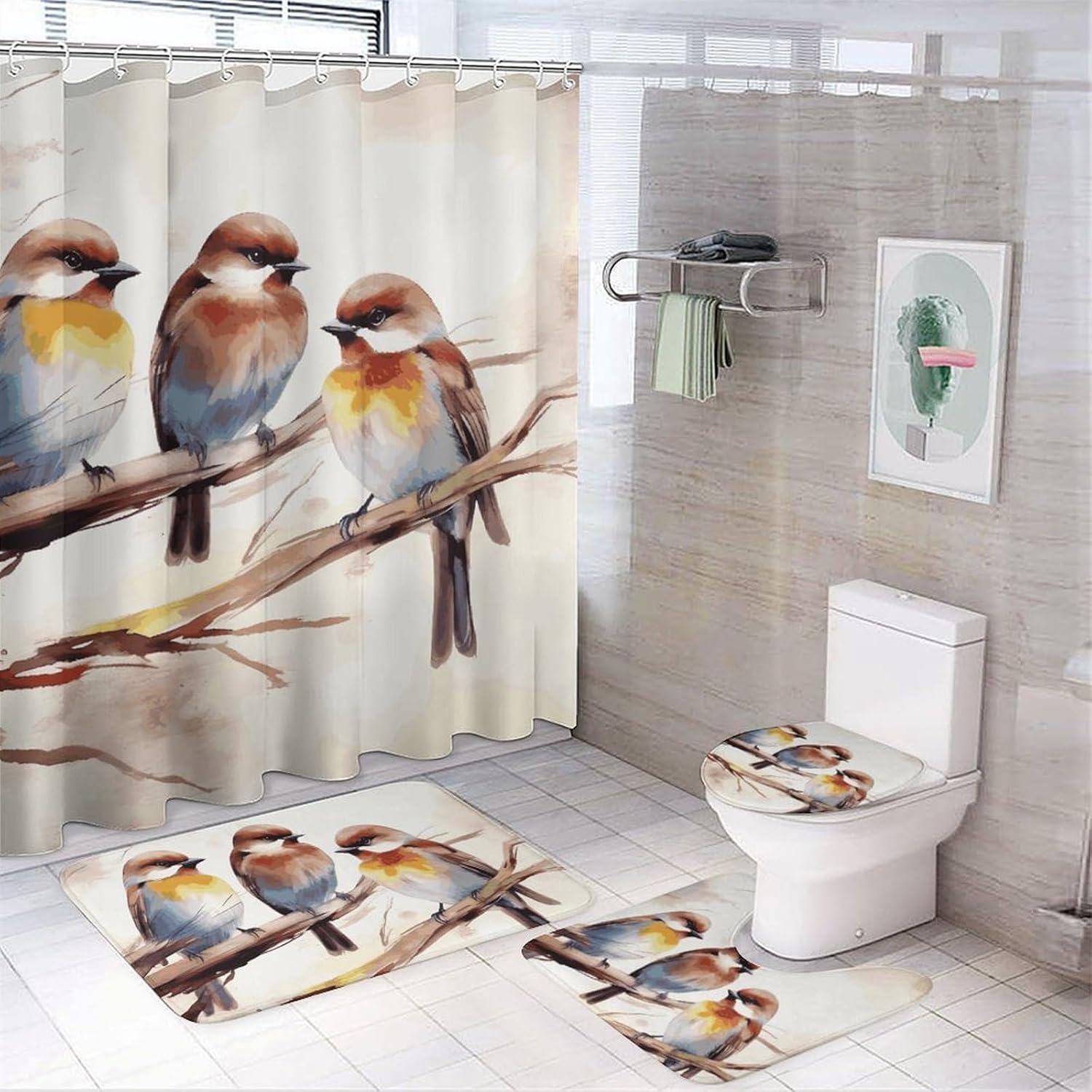 Birds Resting on Tree Branch Shower Curtain Set 4 Piece, Non-Slip Bath Mat with Toilet Lid Cover and Waterproof Shower Curtain with 12 Hooks, Complete Bathroom Set for Home Decor