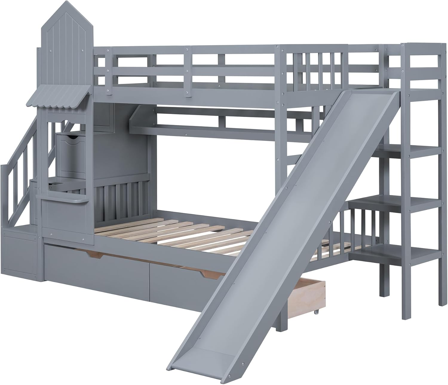Twin-Over-Twin Castle Style Bunk Bed with 2 Drawers 3 Shelves and Slide - Gray