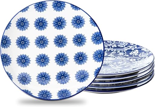 Ceramic Salad Plates Set - 8.5 Inch Round Dessert Dishes for Kitchen Dinner Pasta Appetizer Sandwich - Scratch Resistant Porcelain Microwave Oven Dishwasher Safe - Set of 6 - Blue and White