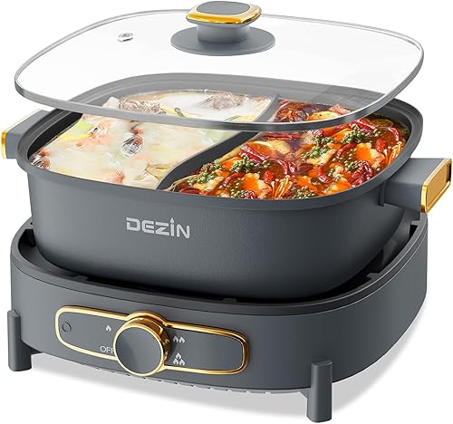 Dezin Olla eléctrica con divisor, olla eléctrica Shabu Shabu Shabu de doble sabor de 5.5L, cocina eléctrica antiadherente extraíble de doble cara,