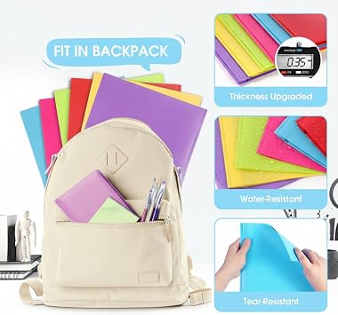 12 PCS Plastic Folders with Pockets and Prongs Heavy Duty,Assorted Colors Poly 2 Pocket Folder with Brads,Durable 3 Prong File Organizer with Stay-Put Tabs,Letter Size for School Office