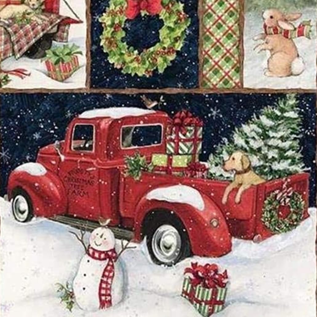 Wedhapy Red Polyester Fabric Panel, Mixed Snowman, Snow Pumpkin, and Red Truck Collage, 90x110cm
