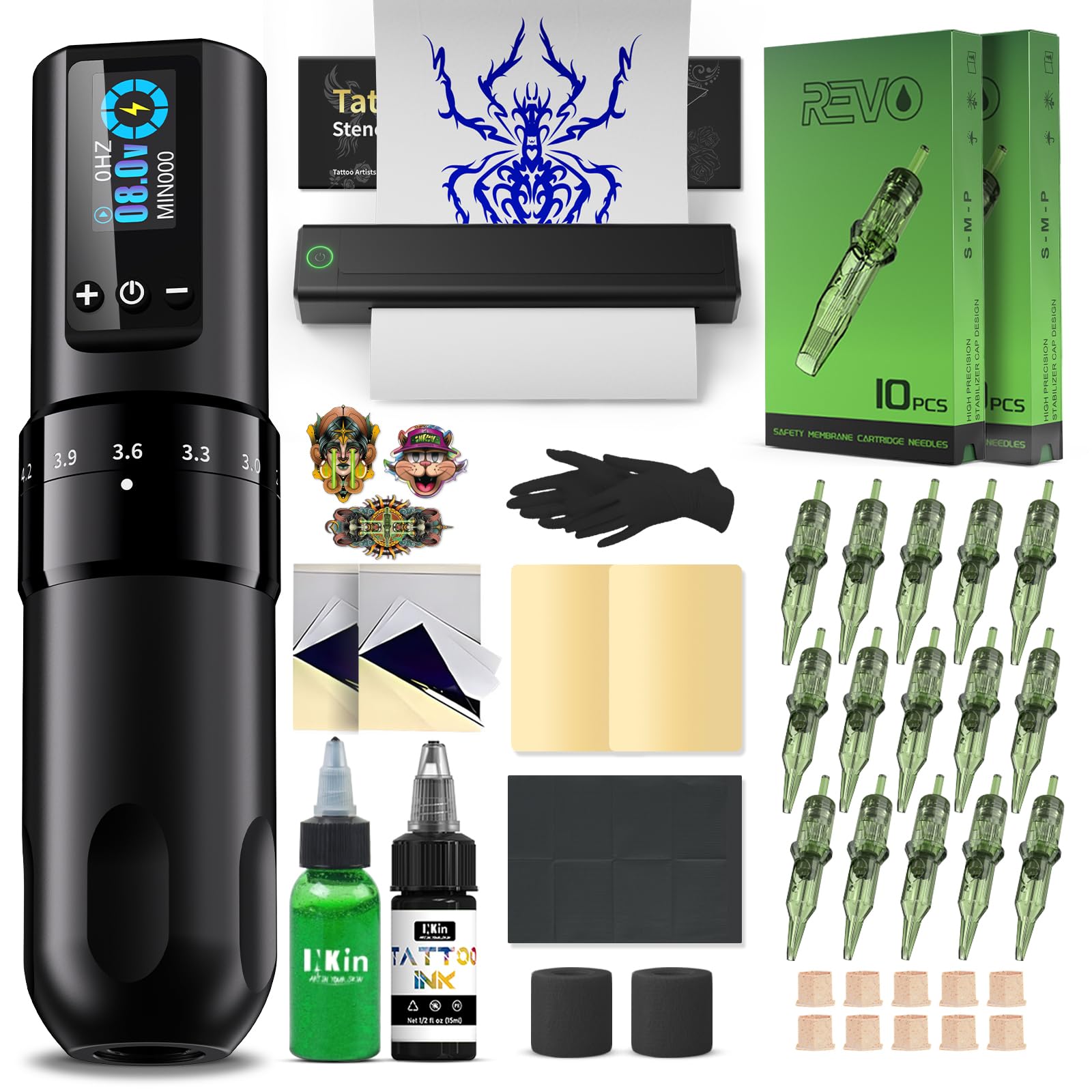INKin Tattoo Kit for Beginners Complete Set with Tattoo Stencil Printer, Tattoo Gun with 7 Stroke 2.2-4.2mm and 1600mAh Power for Long Time Work of 8 Hours, Full Kit with Tattoo Needles and Ink