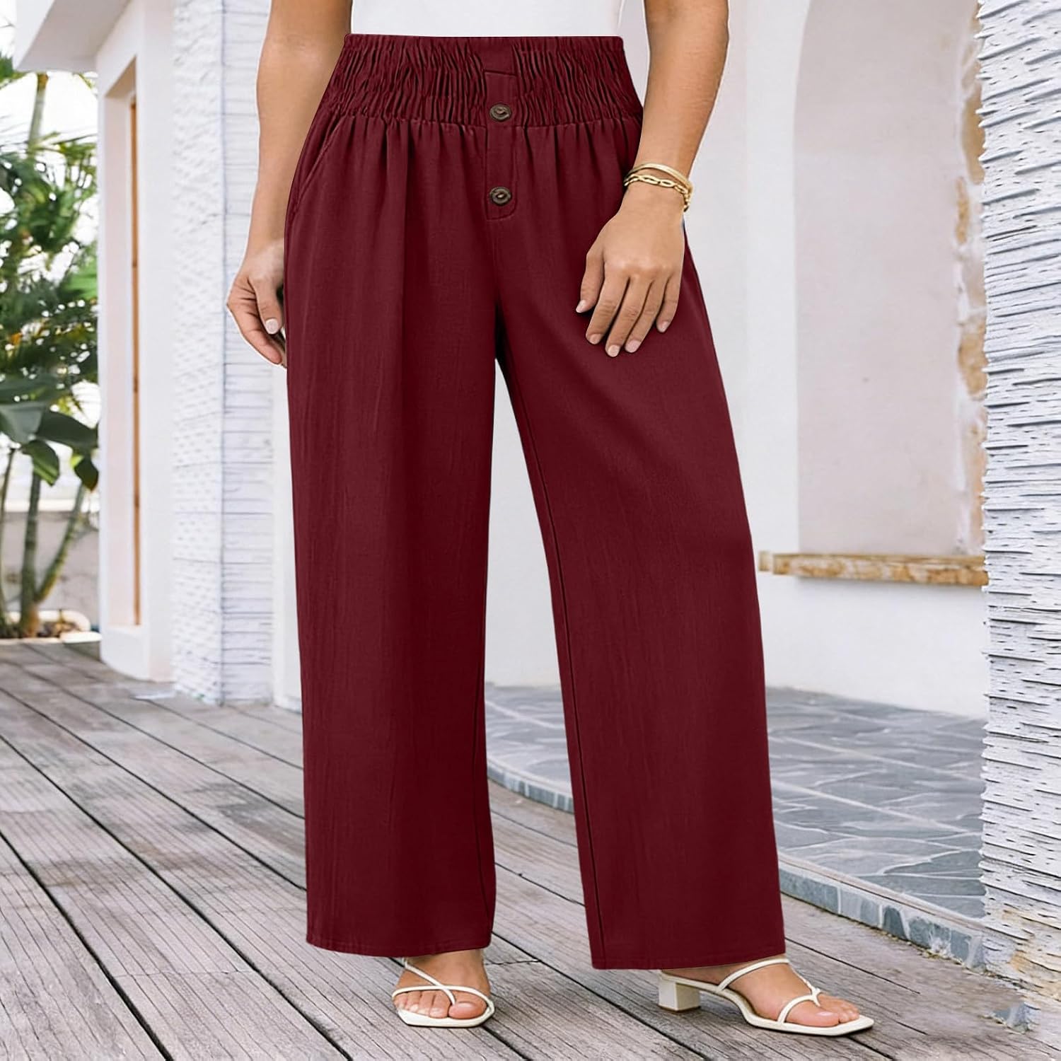 Womens Baggy Wide Leg Pants Summer Elastic High Waisted Palazzo Pants Beach Vacation Casual Trousers with Pockets