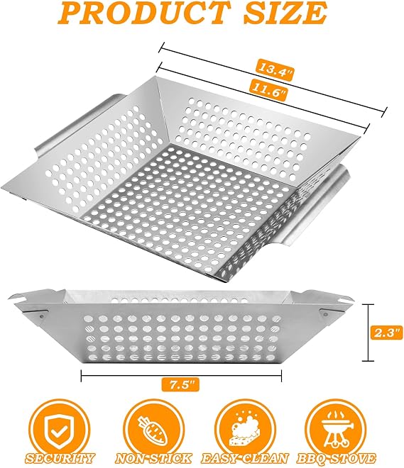 Grill Basket for Outdoor Cooking 13.4 Inch, Stainless Steel Vegetable & Fish Grilling Tray with Handle, Nonstick Dishwasher Safe BBQ Accessories for Camping, Backyard BBQ