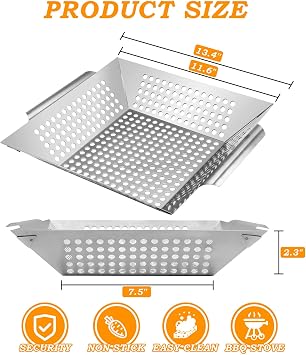 Grill Basket for Outdoor Cooking 13.4 Inch, Stainless Steel Vegetable & Fish Grilling Tray with Handle, Nonstick Dishwasher Safe BBQ Accessories for Camping, Backyard BBQ