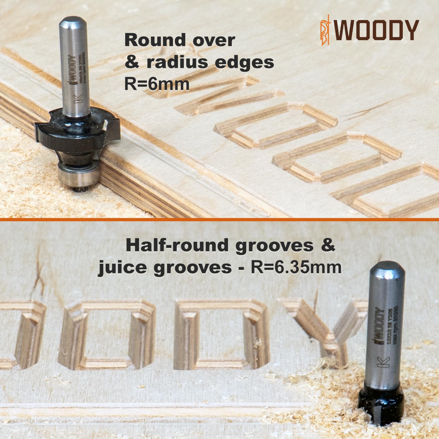 WOODY by Fraiser - Set di 6 frese per legno con gambo da 8 mm per rifilare, scanalare, smussare e raggiare - per fresatrice verticale e rifilatore