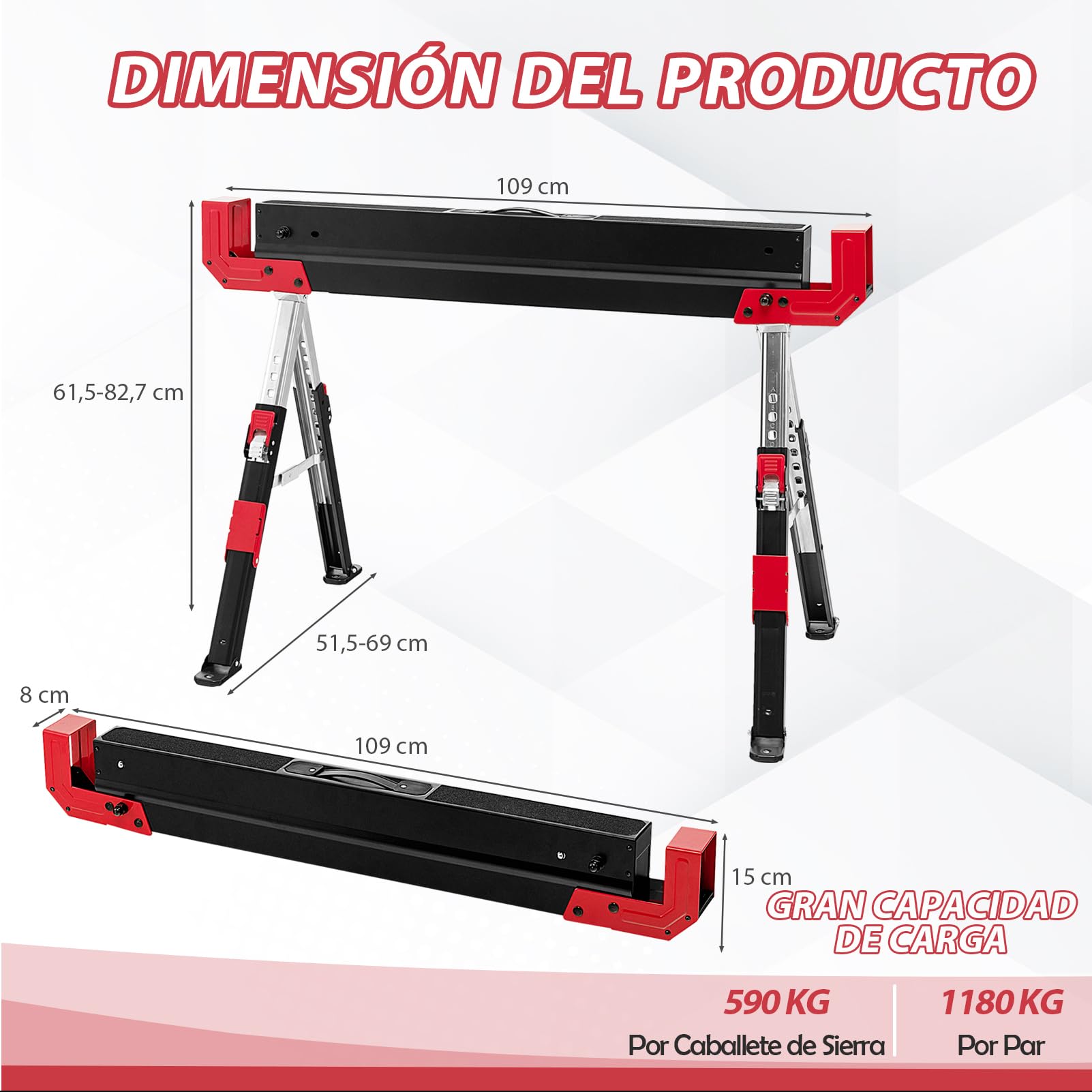 GYMAX Juego de 2 Caballete de Trabajo de Altura Ajustable, con Soporte Antideslizante, Soporte Plegable con Práctica Asa, Soporta hasta 1180 kg, Color Negro y Rojo