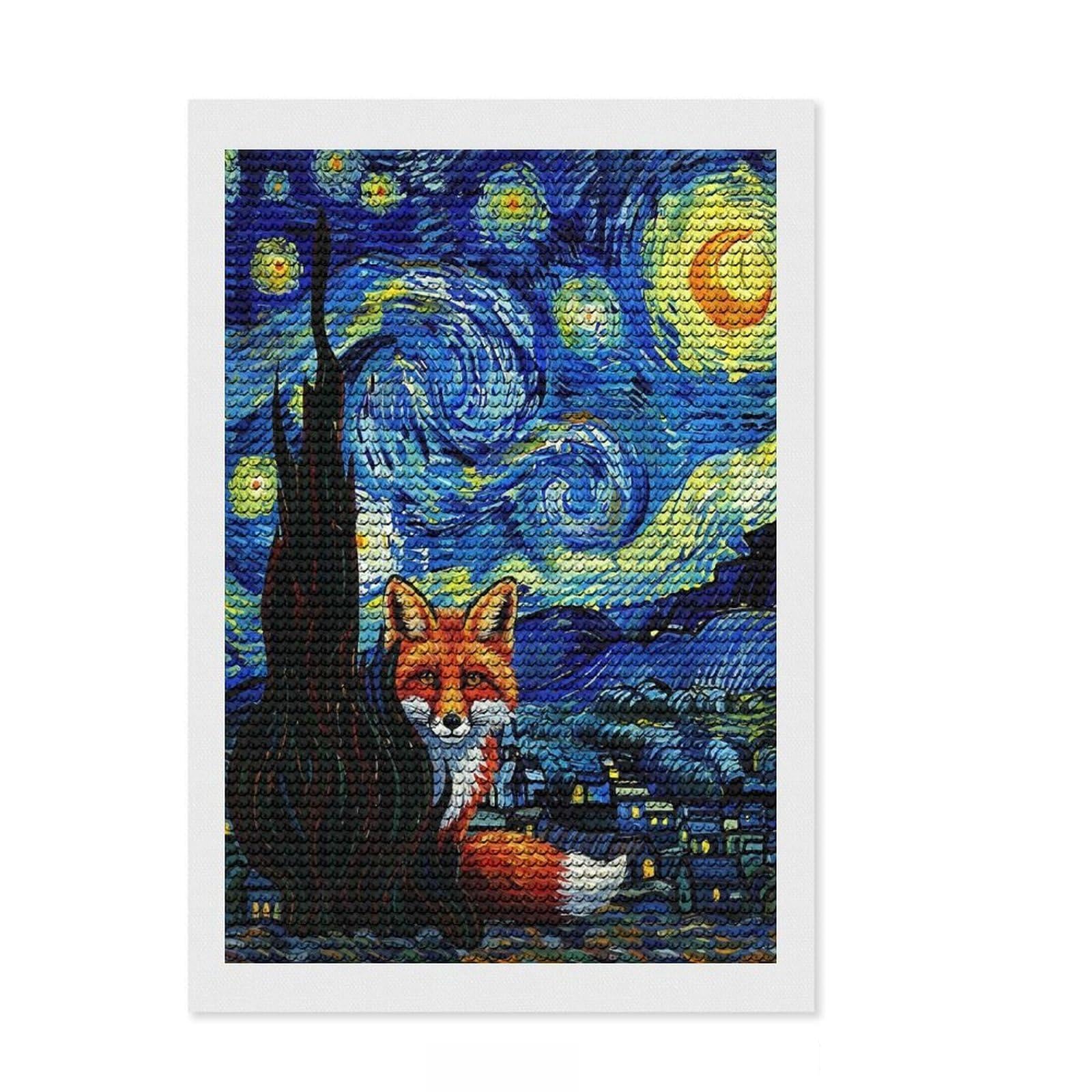 Junmoney Fox in Starry Night Style Diamond Painting Set 8"x12", for Craft Lovers, Farmhouse Decor, Pleasing Wall Art Project, Christmas Gift