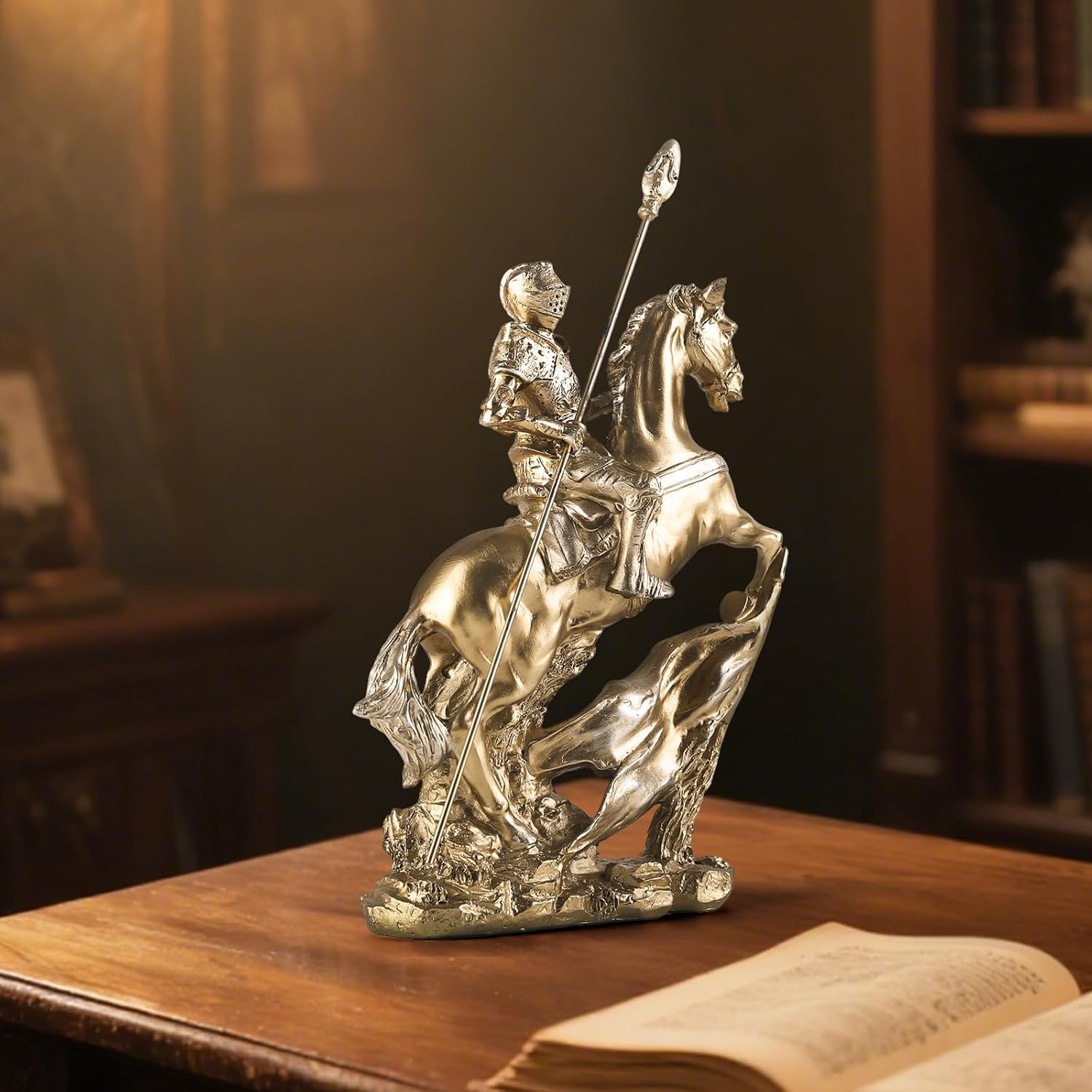 Knight Statue - Templar Medieval Knight Figure with Spear on Charging Horse, Vintage Armor Viking Warrior Decor, 11.4"