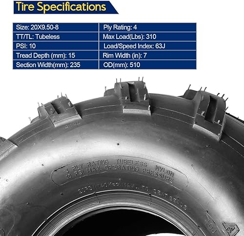 Miniatura 3 de MaxAuto Neumáticos ATV 20X9.50-8 20X9.5X8 Neumáticos para terreno de lodo para trx 90 kfx 90, clasificación de 4 capas, sin cámara, juego de 2