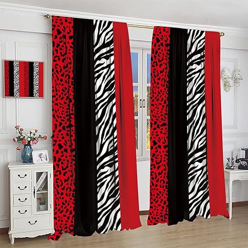 Miniatura 4 de Cortinas rojas y negras con estampado animal de leopardo y cebra, cortinas con aislamiento térmico, 2 paneles, oscurecimiento de la habitación para