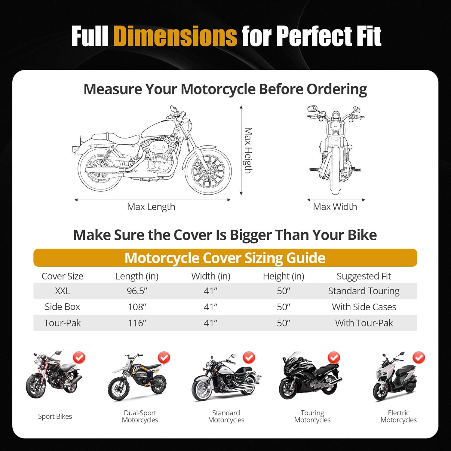 300D Motorcycle Cover Waterproof Outdoor, Fit for Touring Cruiser up to 108" Honda VTX 1300, Shadow, Kawasaki Vulcan, Yamaha Royal Star, Storage Bag Included