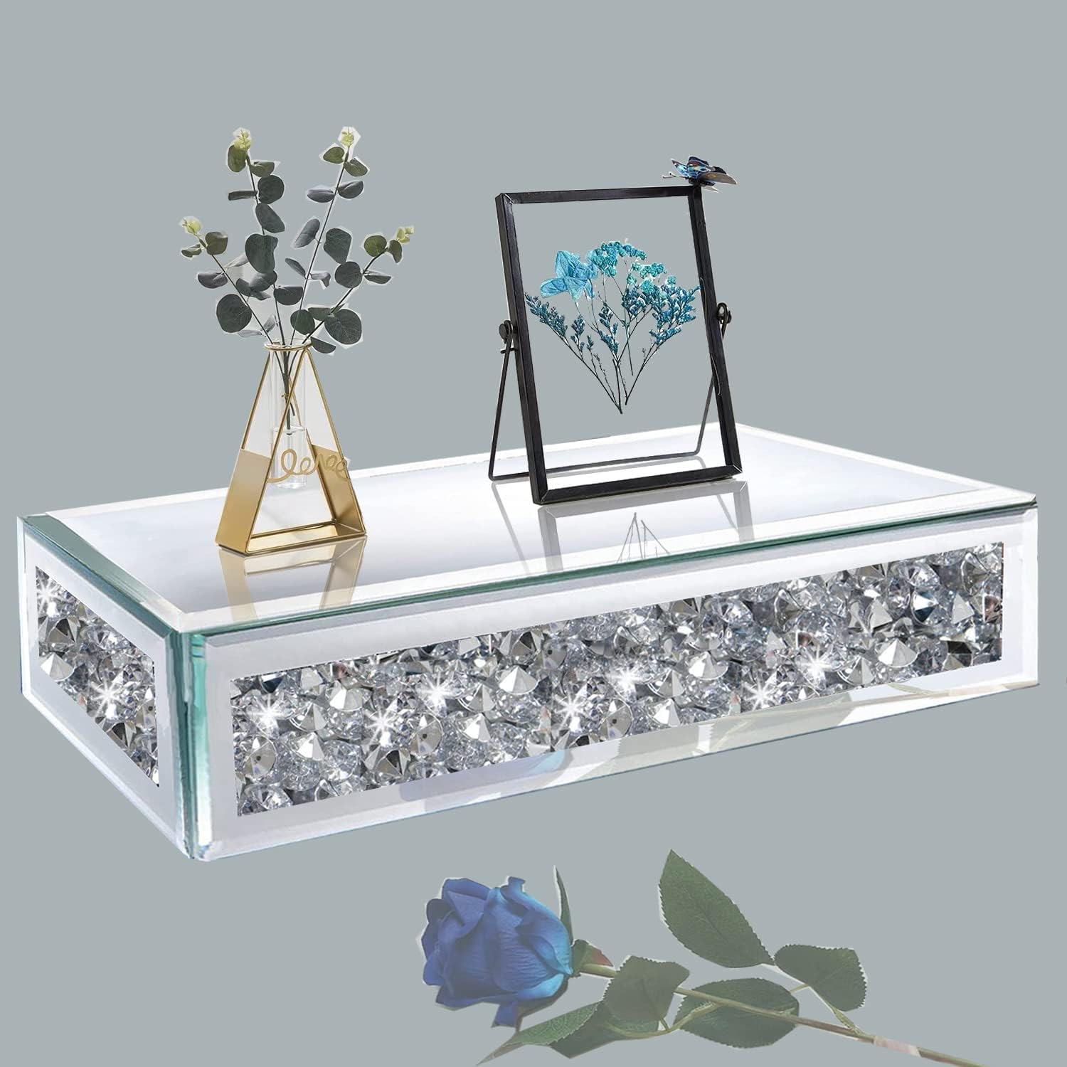 TACIDON Floating Wall Shelf Mirrored .Glamorous Crushed Diamond Crystals Wall Rack.Glass Display Ledge of Trophy and Photo Frame. Suitable for Living Room,Bathroom,Bedroom.(15โx6โx3โ)