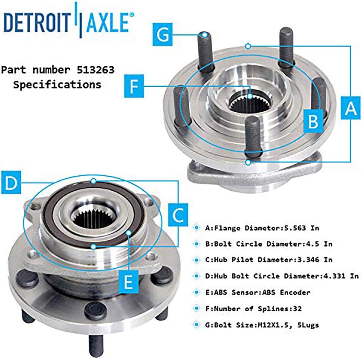 Detroit Axle - 5-Lug Front Wheel Hub Bearing Assemblies Replacement for Sebring Cirrus 200 Dodge Avenger - 2pc Set