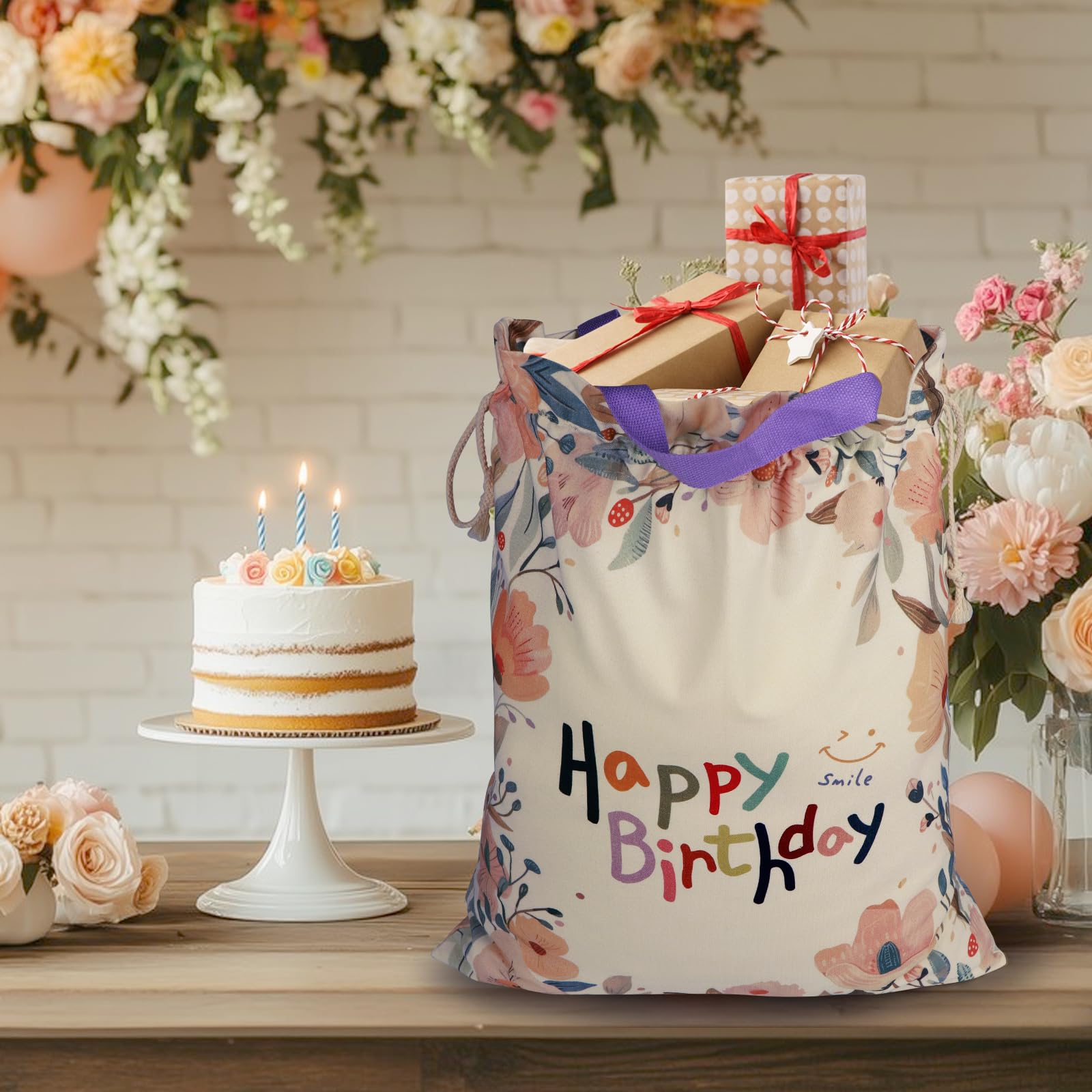 silenwest Large Birthday Gift Bag with Handles, 24"x 20", Premium Canvas Drawstring Bags, Reusable Gift Bag for Boys Girls Men Women Birthday (Wildflower)