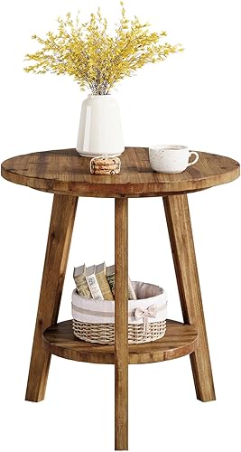 Miniatura 7 de Mesa auxiliar redonda de madera maciza, mesa auxiliar de sofá con estante de almacenamiento, mesita de noche de granja para sala de estar,