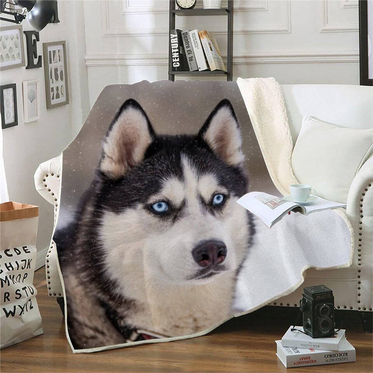 Plaid Couverture Polaire Chien Husky 3D Hiver, Chiens De Traîneau Douce Chaude Microfibre ete Hiver Couverture en Flanelle 150x200 pour Jeté de Canapé, Dessus de lit pour Enfant Fille Garcon