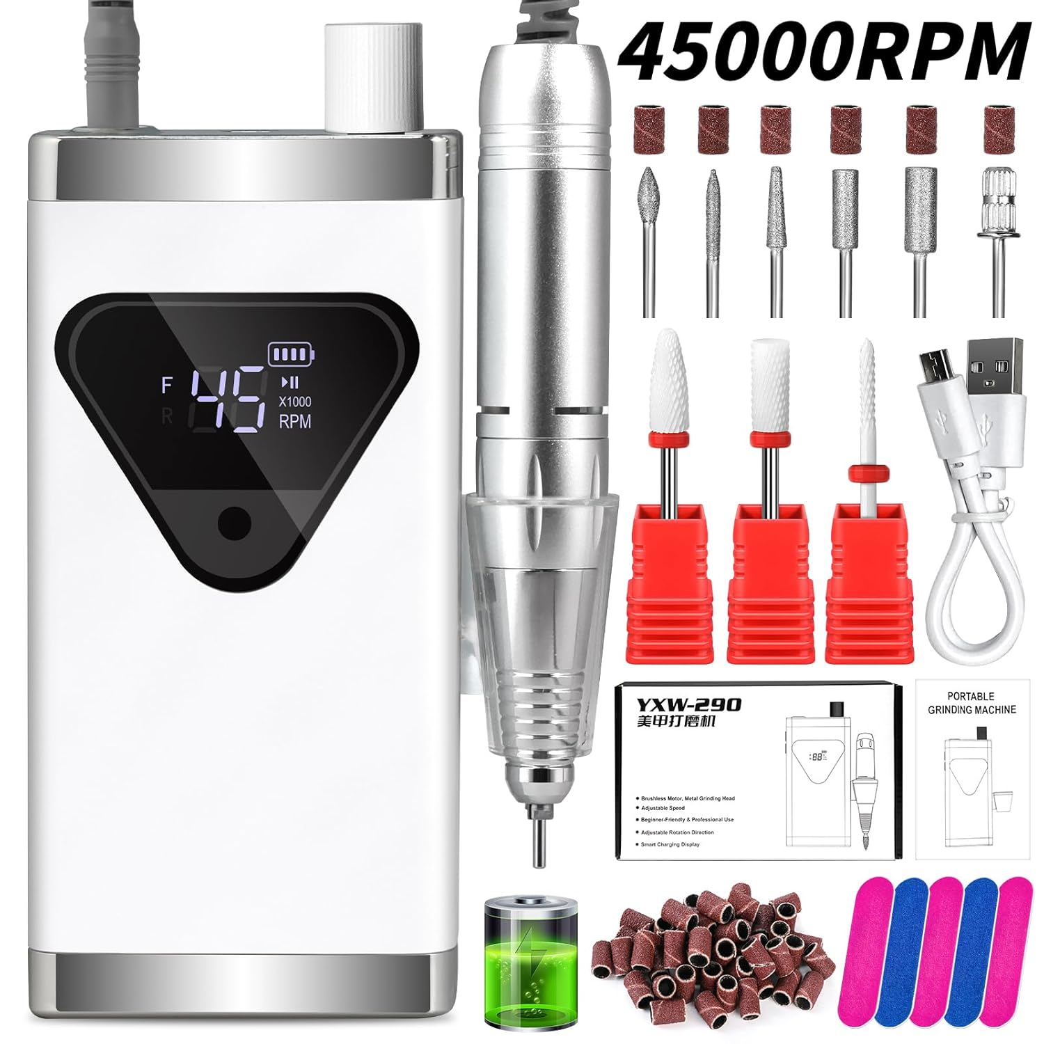 Professional Cordless Nail Drill Kits 45000RPM Electric Nail File for Acrylic Nails Removing and Polishing Gel Nails Lightweight and Easy to Use Ideal for Home and Salon Manicure Pedicure (White)