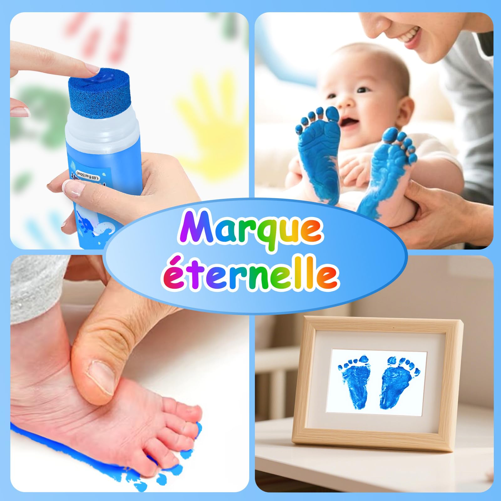 Nabance Kit Empreinte Bebe Avec Attachement Éponge, Encre pour Empreinte Bebe Non Toxique et Lavable, Cadeau Naissance, Souvenir Bébé à Créer, Les Bricolages Familiaux, Cadeau de Noël - Bleu