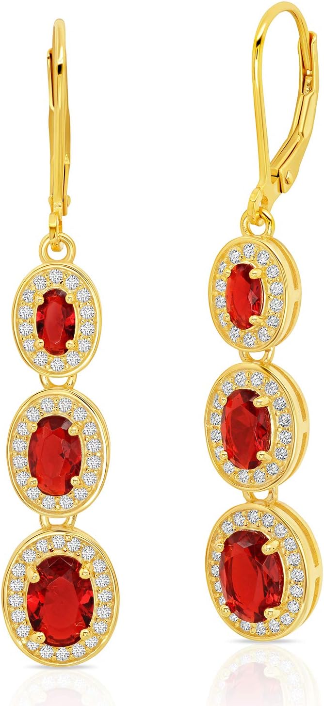 925 Sterling Silver with 18k Gold Overlay Oval Dangle Drop Earrings For Women with Simulated Emerald, Ruby, or Sapphire Graduated with Leverback by MAX + STONE