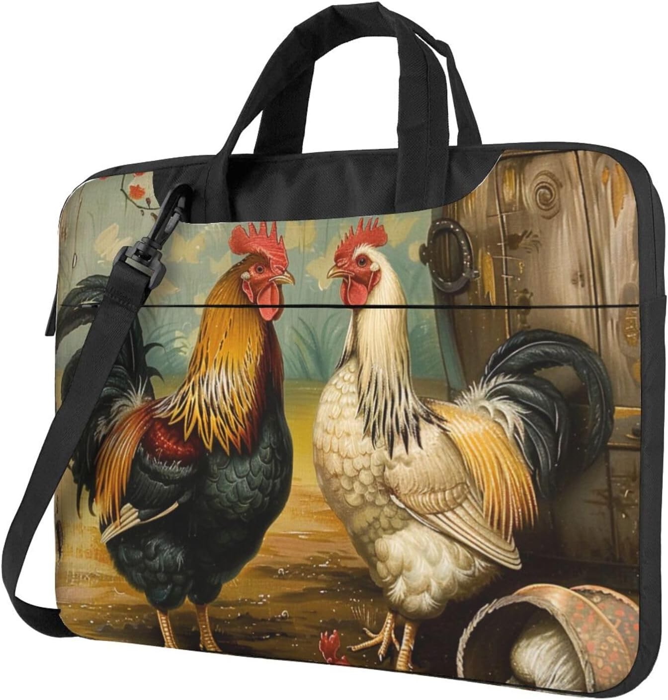 Chicken and Rooster Print Laptop Bag, Triple Layer Protection Shockproof Crossbody Laptop Shoulder Bag for Men and Women, black, 15.6 inch