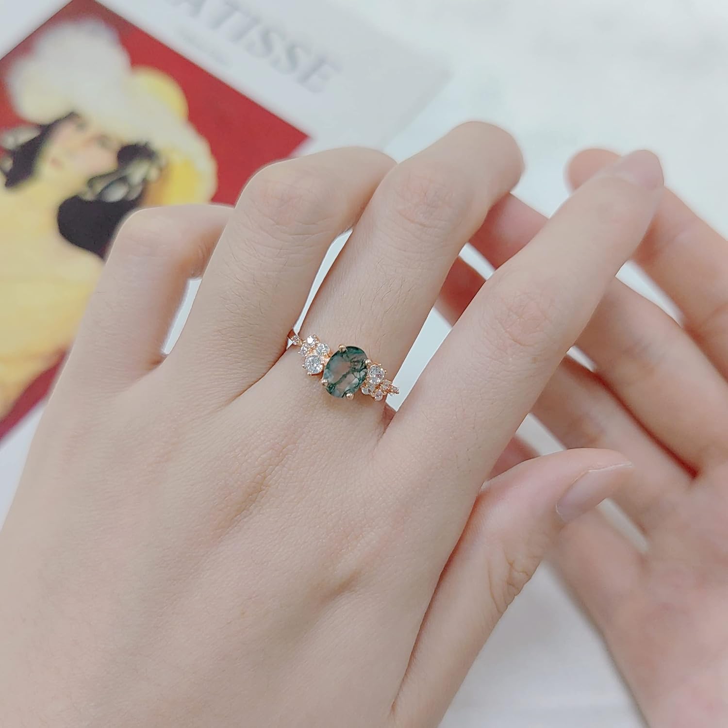 Gem's Beauty Green Moss Agate Rings 14K Gold/14K Rose Gold Three Stone Engagement Ring in 925 Sterling Silver Women's Gold Ring Gifts for Her - Image 2