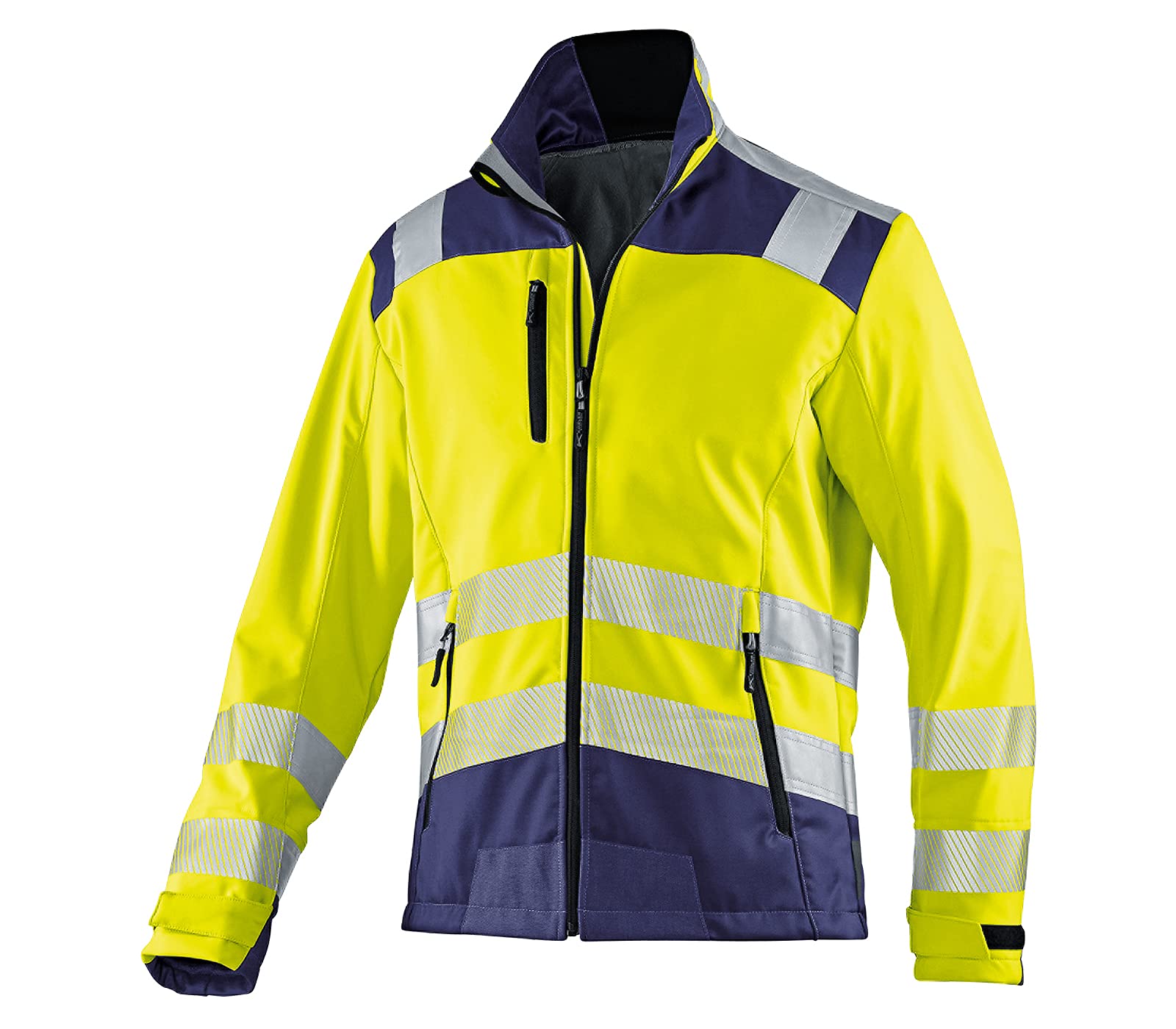 KÜBLER REFLECTIQ Softshell Jacke PSA 2 – Softshell Jacke mit Reflexstreifen und Stretch-Einsatz warngelb/dunkelblau Gr. S