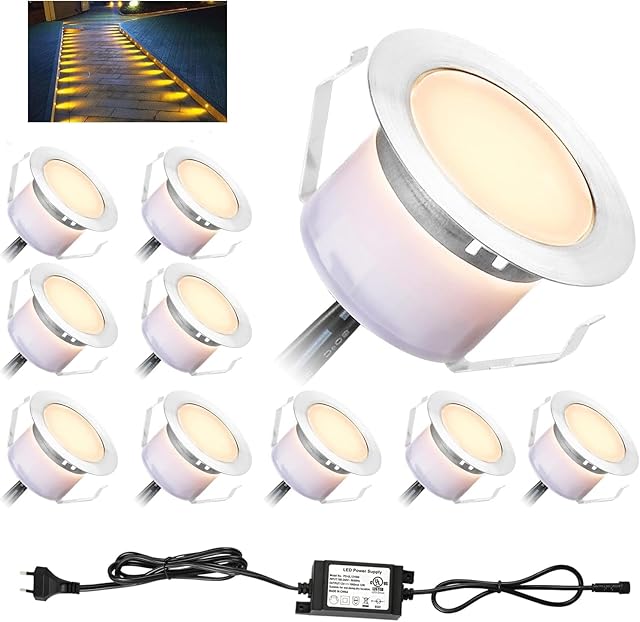 GEYUEYA Home Ø45MM Decking Lights Warm White Led Decking Lights 12V 1W Waterproof IP67 Bluetooth Mesh APP Control Plinth Recessed Light Kits for Patio Ground Garden Stairs Steps Kitchen - 10 Packs