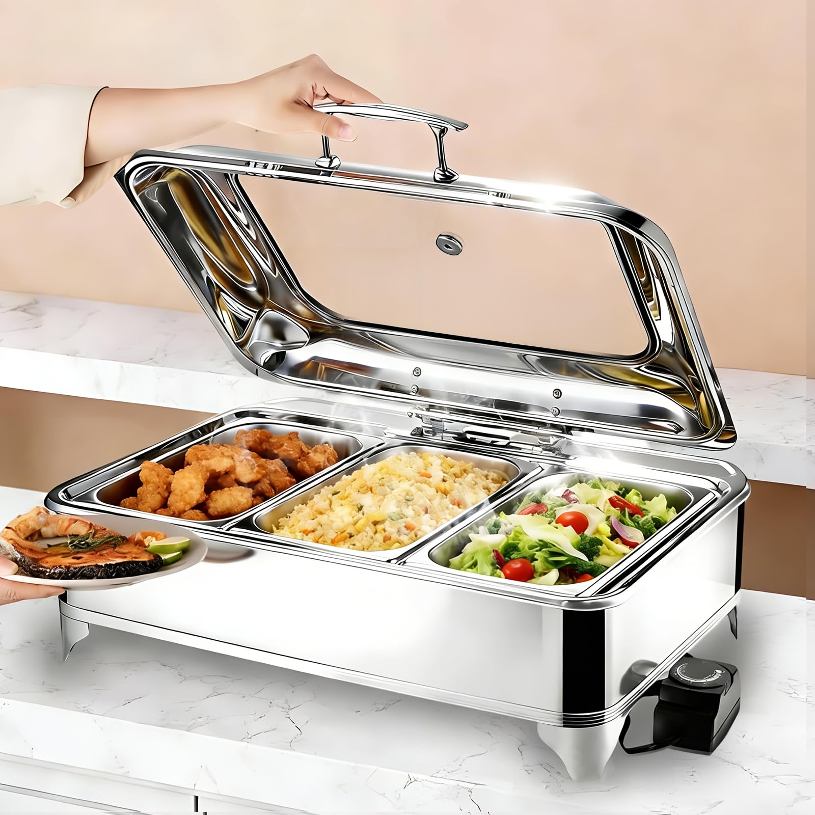 Chafing Dish Elettrico Temperatura Regolabile 35-85℃(1/3 Pan) | 9L Professionale Scaldavivande Elettrico per Buffet Acciaio Inox, Contenitore Scalda Cibo con Coperchio Trasparente