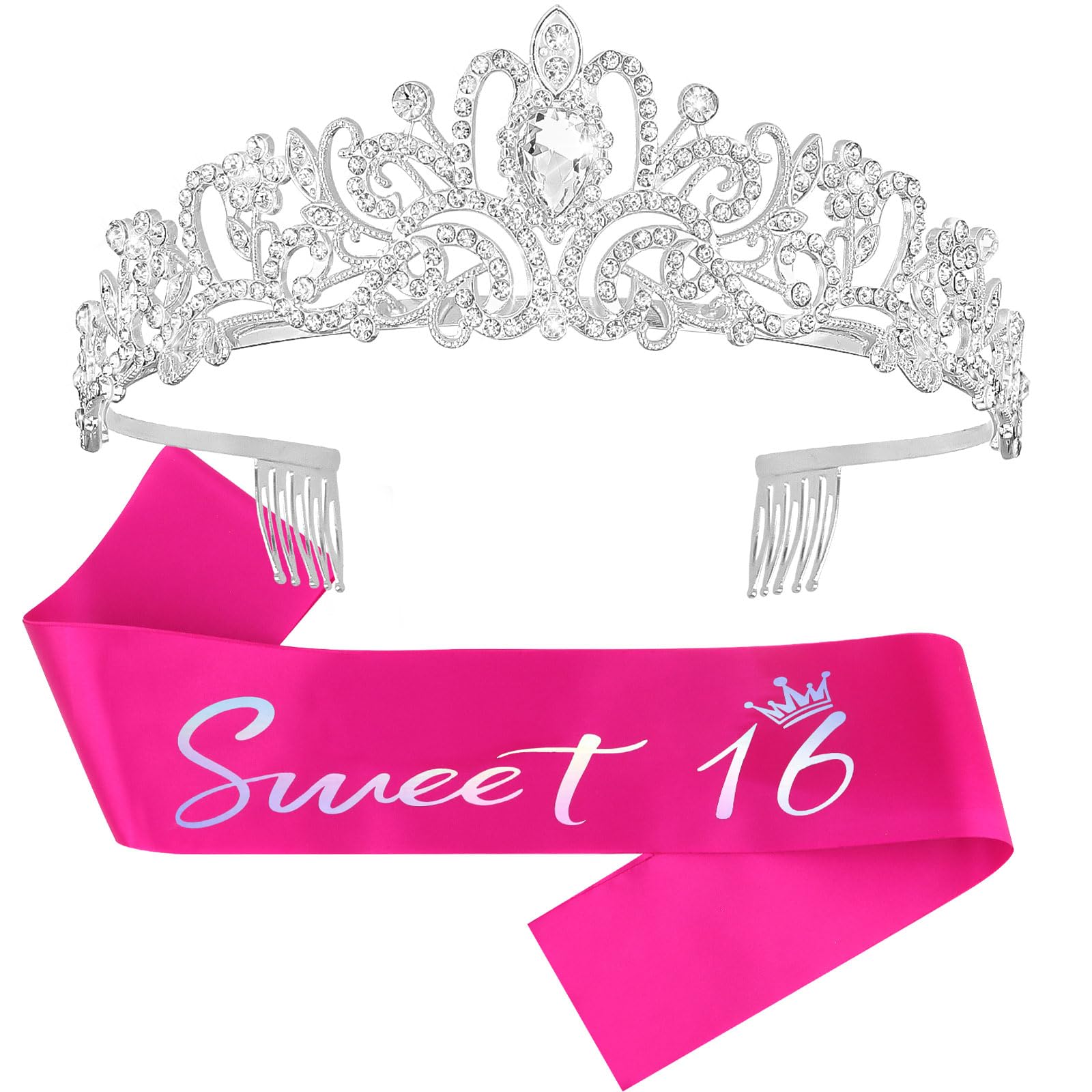 Semato 16th Birthday Tiara and Hot Pink Satin Sash Kit- Sweet 16" Birthday Decoration 16th Party Gifts Supplies for Girls (hot pink)