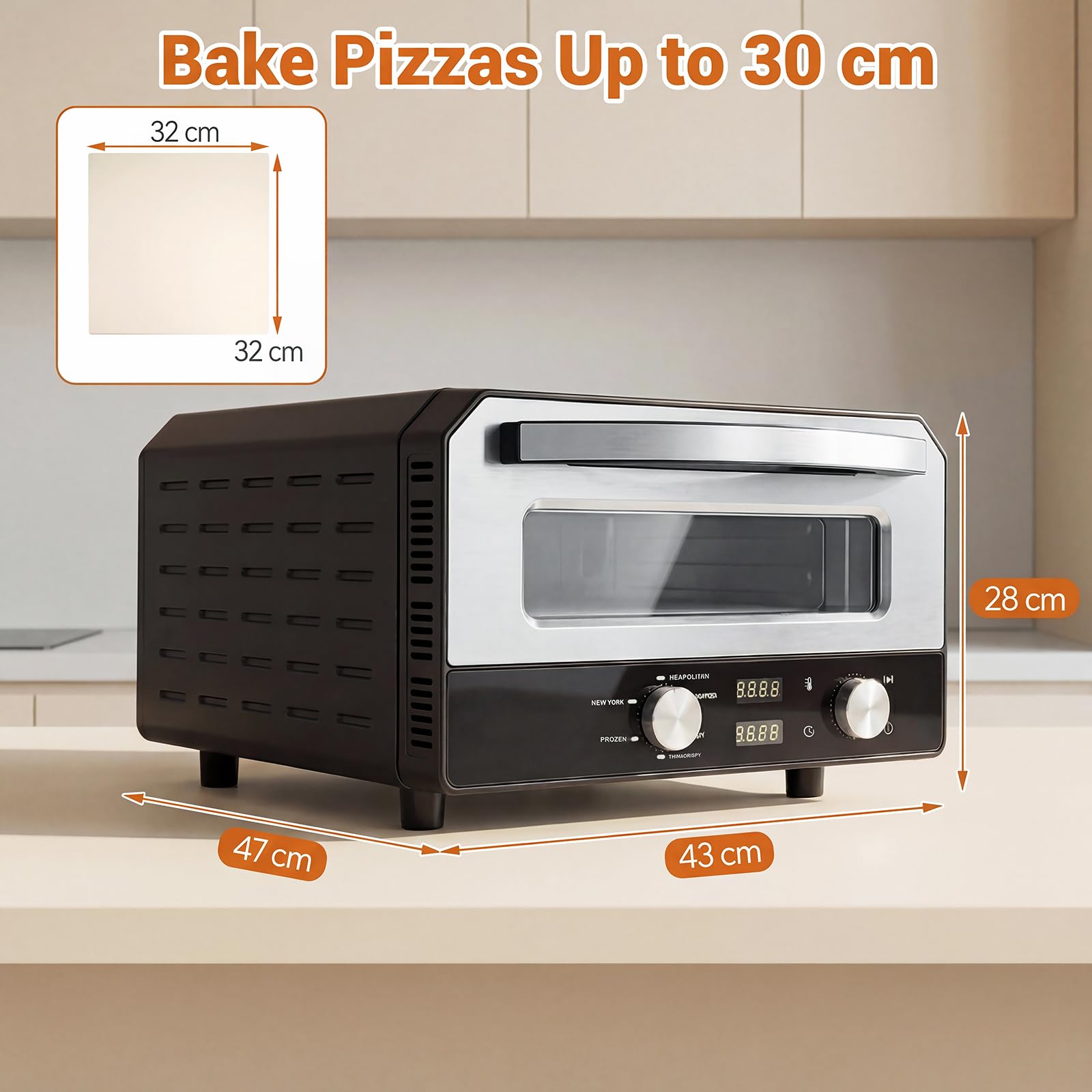 LIFEZEAL Four Électrique pour Pizza, Four de Table avec 6 Programmes, Cuisson en 2 Minutes, Température et Temps Réglables, Machine de Table pour Pizza à 400℃ avec Pierre Rétractable, Couteau à pizza