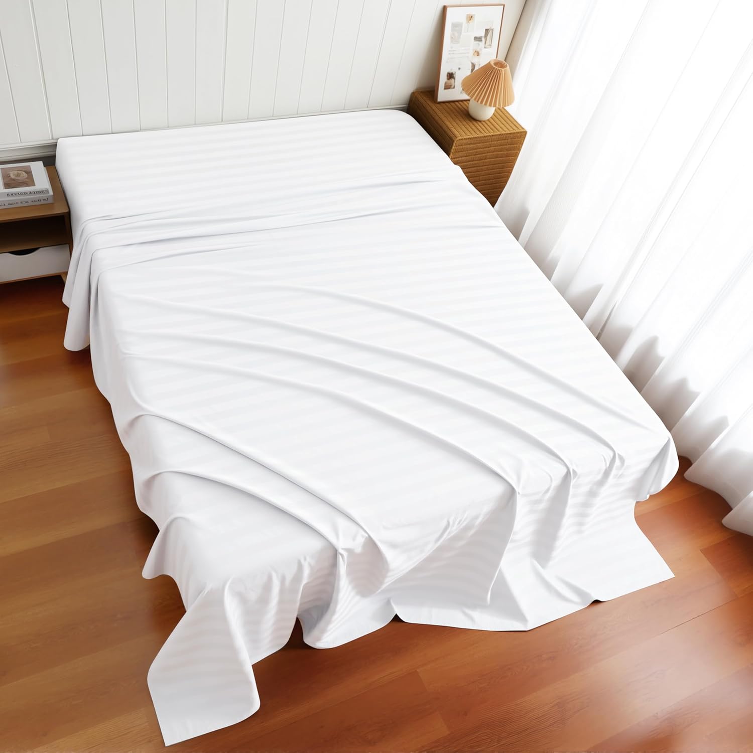 Cotton Flat Sheets Only, 600 TC 100% Cotton Flat Sheet Top Sheet Only, King Size Flat Sheet Only 1Pcs, Cool, Breathable, Wrinkle (Striped-White King 1pcs)