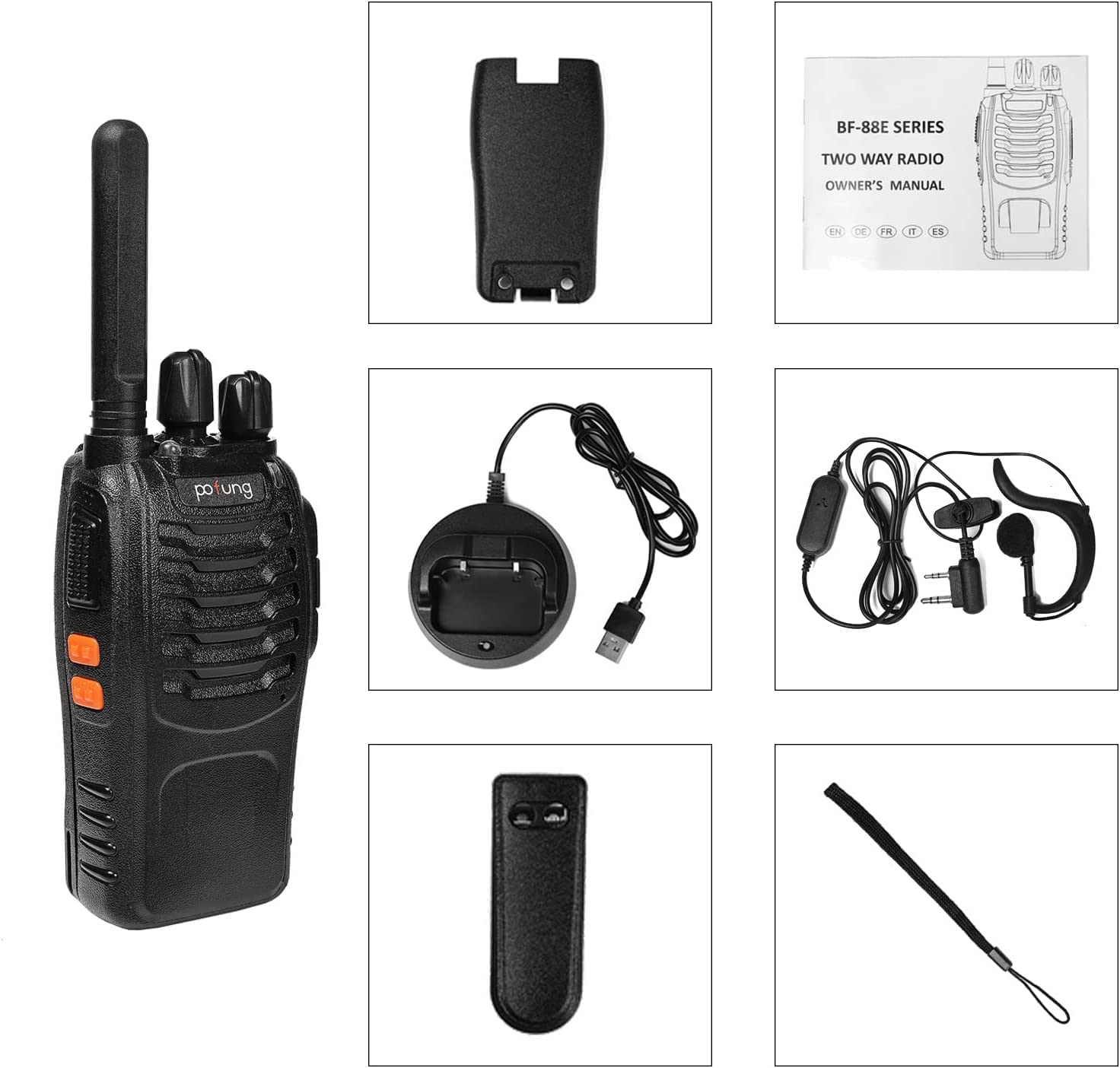 Walkie Talkie PMR446 lizenzfreies Zwei-Wege-Funkgerät, pofung PT88E 16 Kanäle Professionelle wiederaufladbare Walkie Talkies mit großer Reichweite mit USB-Ladestation und Hörmuscheln Schwarz 12 Stück