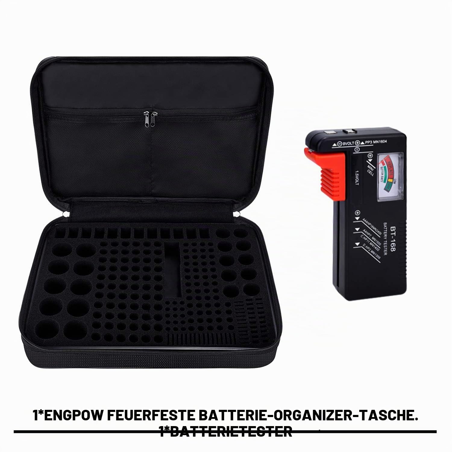 ENGPOPW Batterie Aufbewahrungsbox Hält 216 Batterien Unterschiedlicher | Feuerfeste Batteriebox,Tragetasche mit Tester,Größe für AAA,AA, 9V,C und D Größe und Tester 34 x 22.5 x 7.5 cm