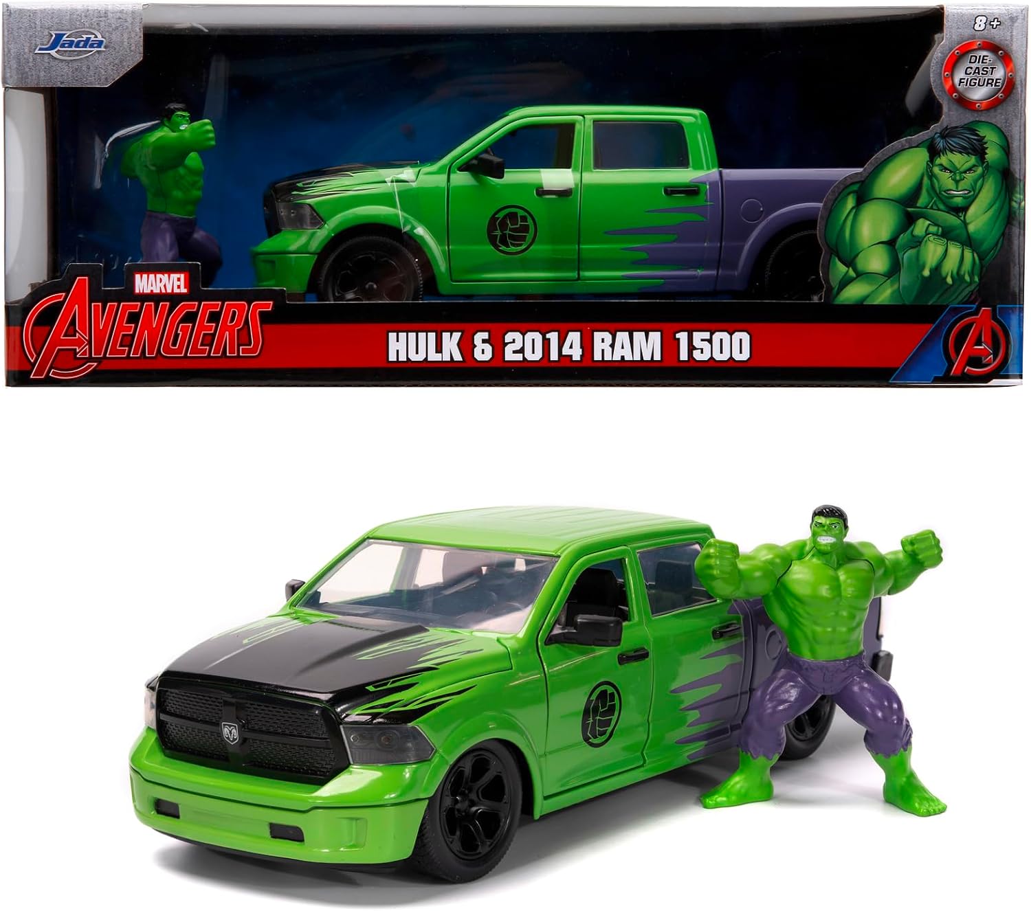 DODGE RAM 1500 PICK-UP WITH HULK FIGURE MARVEL AVENGERS 2014 GREEN PURPLE