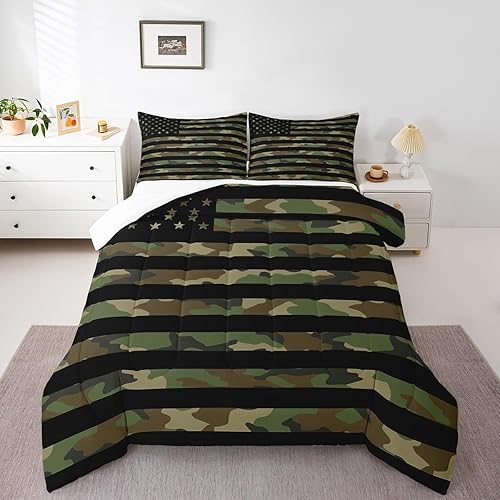 Miniatura 6 de Feelyou Juego de edredón de camuflaje del ejército con bandera estadounidense, decoración militar, camuflaje verde selva, bandera de Estados Unidos,