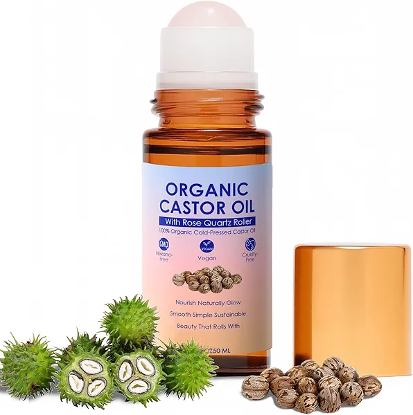 ipxkwll Organic Castor Oil with Rose Quartz Roller, 100% Pure Cold-Pressed & Unrefined - For Hair Growth, Eyelashes, Eyebrows & Skin (1)