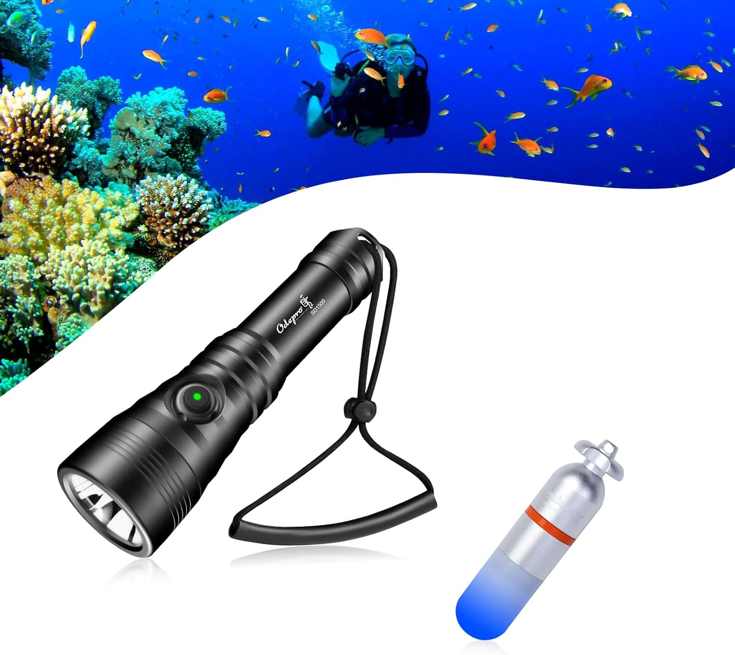 ORCATORCH SD01PRO Odepro SD1500 Dive Light Bundle - 1500 Lumens Primary Torch + Emergency Beacon for Scuba/Night Diving