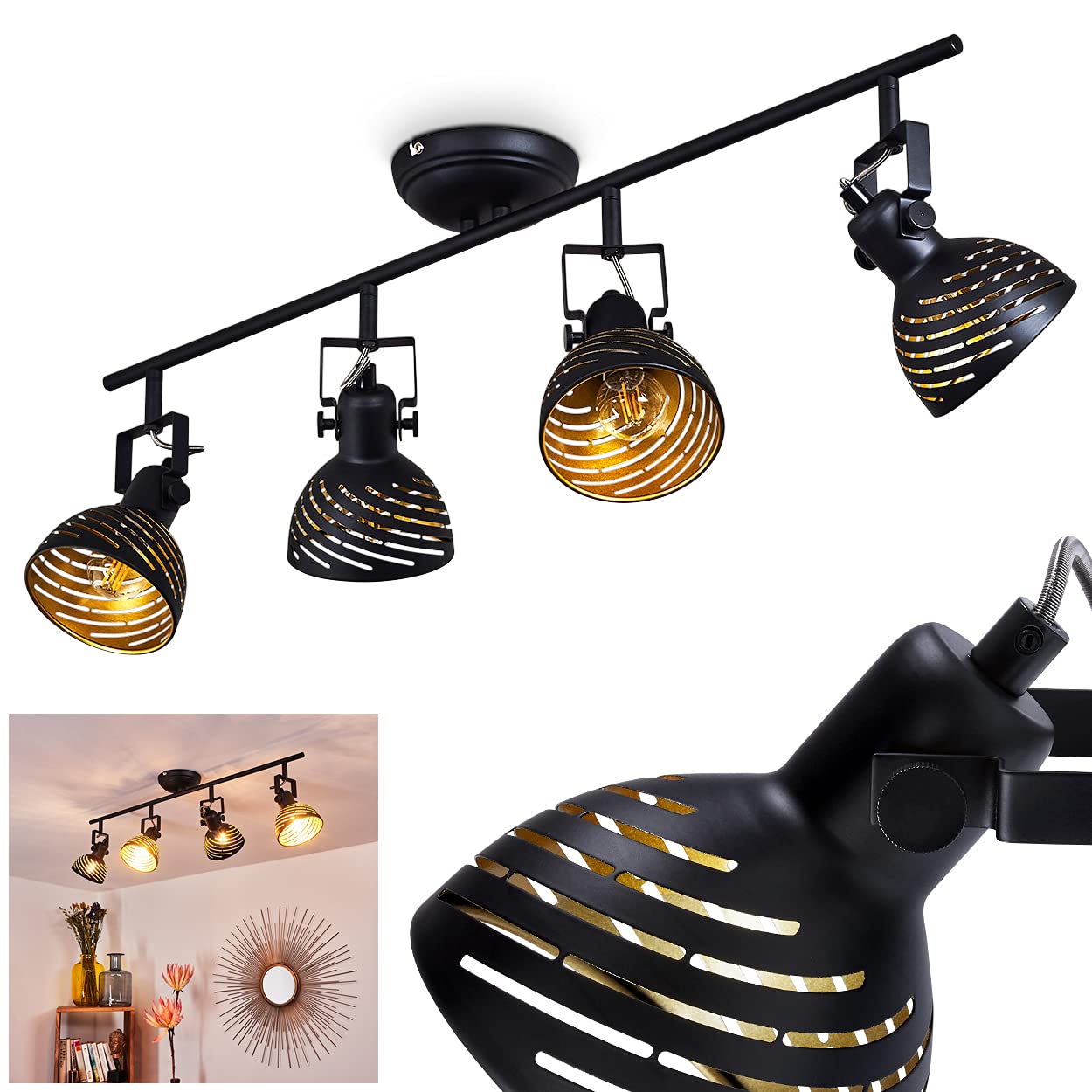 Osina Ceiling lamp, Modern Metal Ceiling lamp in Black/Gold with Adjustable spotlights, Retro/Vintage Design lamp with Light Effect, 4-Flame, 4 x E14, Bulbs not Included