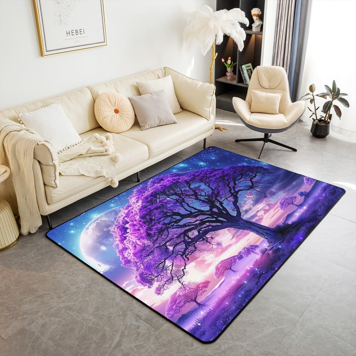 Erosebridal Trees Area Rug 5x7, Sunset Dusk Branches Leaves Carpet, Cloud Starry Sky Woodland Indoor Floor Mat, Purple Blue Pink Night Landscape Decorative Rug for Dining Room Under Table