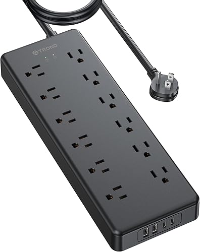 TROND Regleta protectora de sobretensiones, 12 tomas ampliamente espaciadas con 4 puertos USB (2 USB C), cable de extensión de enchufe plano de 10